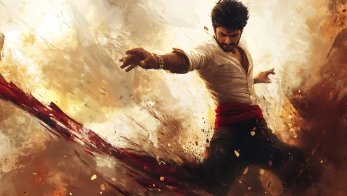 Male figure in dynamic martial pose amid abstract streaks.