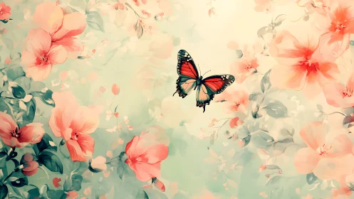 Butterfly hovers over pastel coral blossoms in soft light