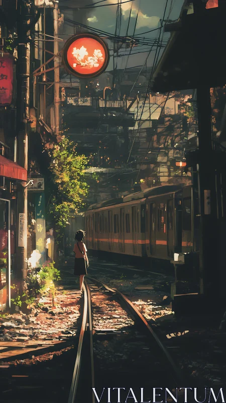 Twilight rails cradle a lone girl in neon soaked silence