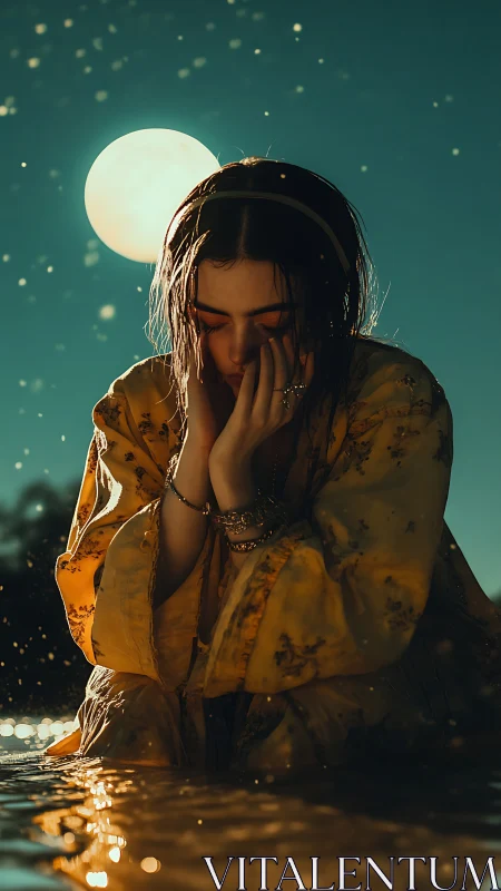 Moonlit river dreamer wrapped in golden dusk silence.