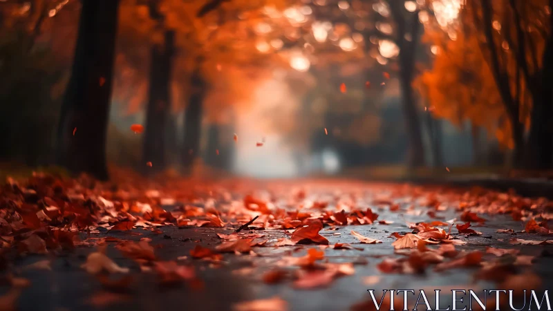 Fallen autumn leaves glow softly along a tranquil forest path