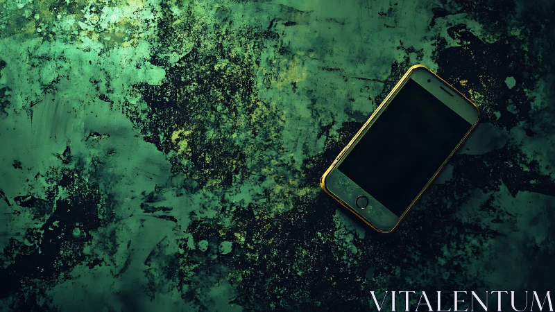Smartphone on distressed green textured metal surface.