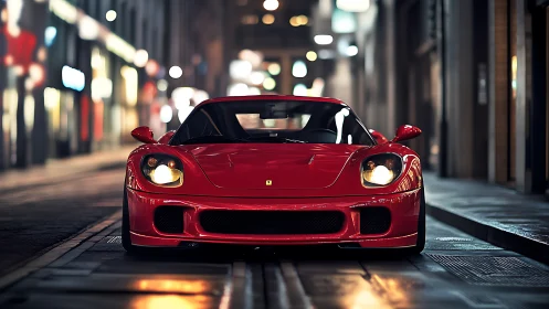 Red supercar fronts a moody urban streetscape at night
