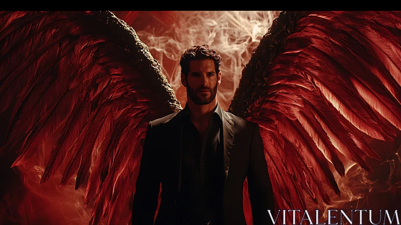 Fallen angel in suit framed by blazing red wings and smoke.