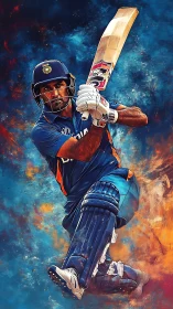 Dynamic cricket batter poised mid-swing in vivid colors.