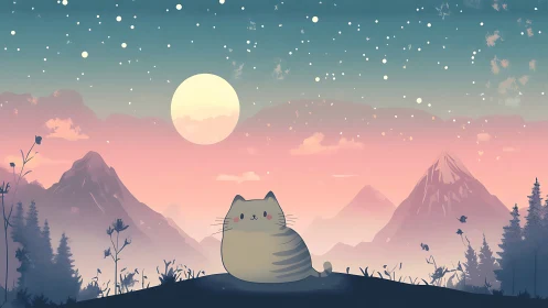 Serene Cat Under Full Moon in Misty Mountain Landscape