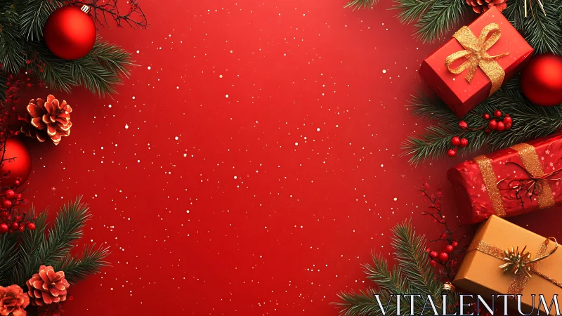 Symmetrical Christmas border arranges gifts, baubles and pine branches