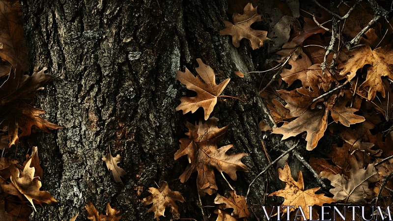 Dry oak leaves scattered on dark textured tree bark.