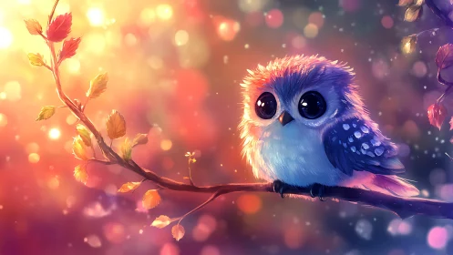 Adorable fluffy owl on a branch in dreamy fantasy lighting.