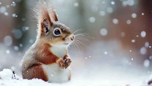 Red squirrel in winter snowfall with shallow depth of field.