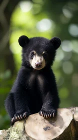 Young black bear cub perched on cut tree trunk outdoors.