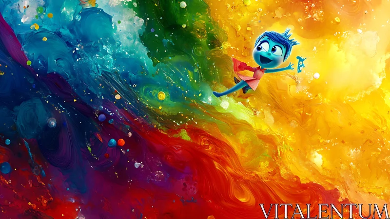 Chromatic fluid vortex encircles stylized blue character in motion