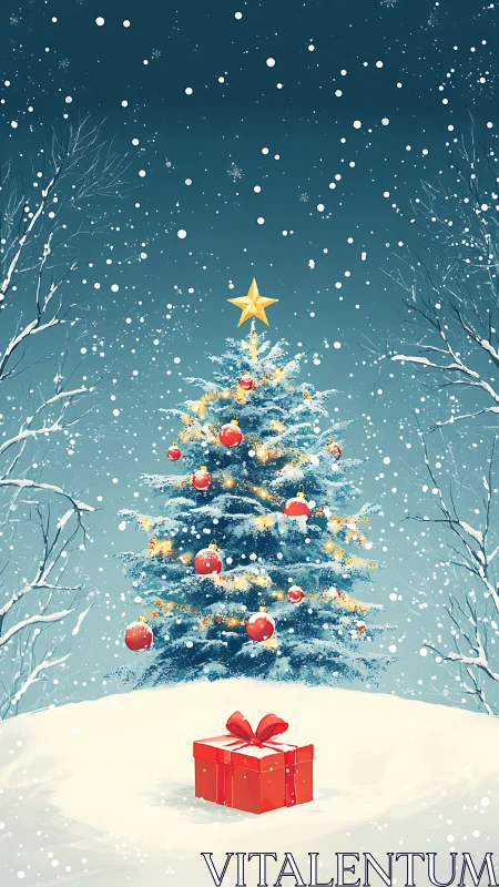 Snowlit Christmas tree guards a lone crimson present. Period.