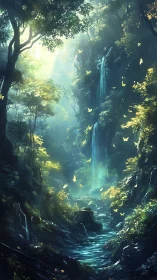 Forest Canyon with Waterfall and Butterfly Swarm