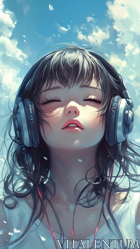 Anime girl with headphones rendered in luminous digital detail