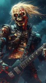 Undead heavy metal guitarist with flaming eyes onstage.