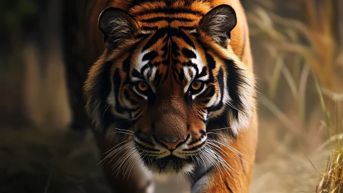 Stalking tiger moves through hazy jungle grass in warm light