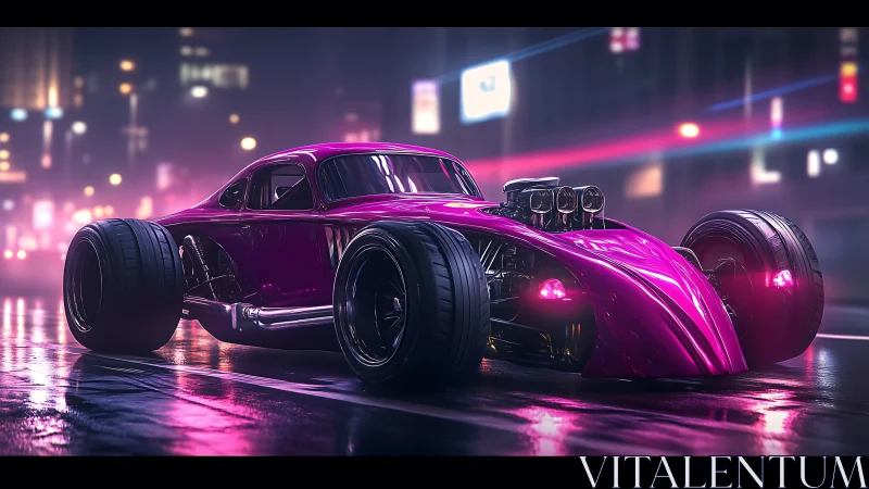 Magenta hot rod with exposed supercharger in neon lit wet street