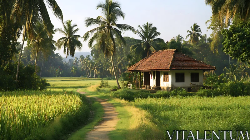 Sunlit village cottage cradled by palms and winding path.