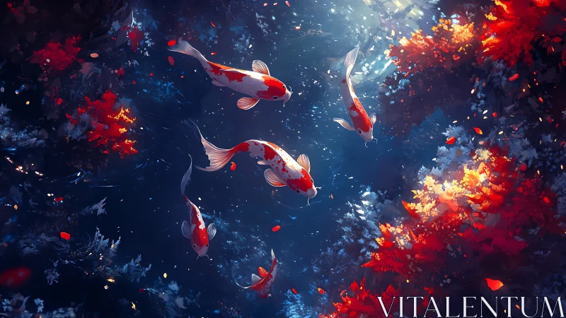 Digital koi pond composition with luminous foliage accents.