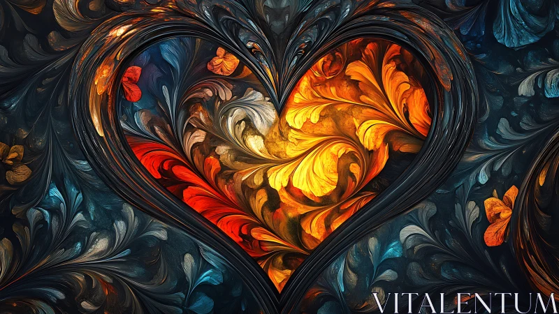 Floral heart vortex glowing in fiery swirling colors.