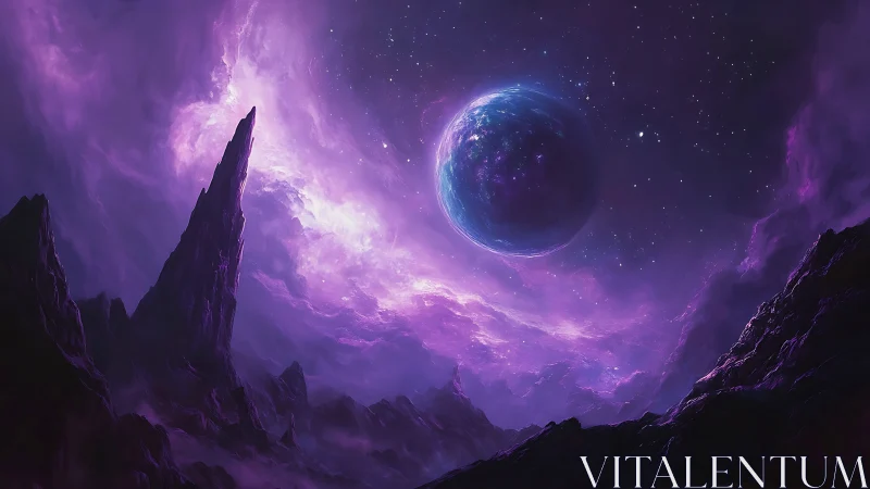Dreamy purple cosmos cradles a distant glowing planet