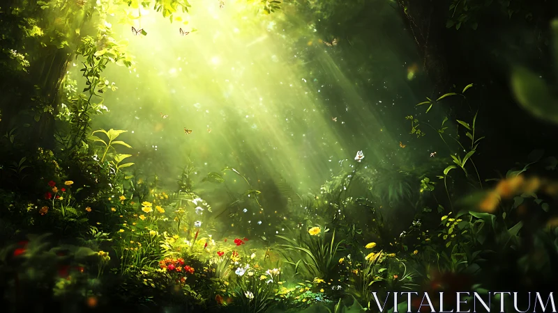 Sunlit forest glade where wildflowers and butterflies gather.