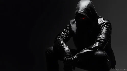 Hooded cyber figure in glossy black leather, red-lit gaze.