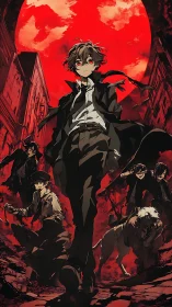 Crimson moonlit squad strides through a ruined city night.