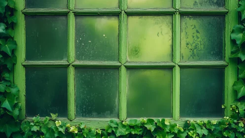Green painted window with frosted panes and climbing ivy.