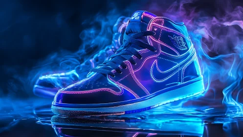 High-top sneaker under neon rim lighting with reflective wet floor