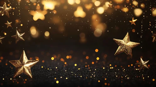 Golden glittering stars drifting through warm night light.