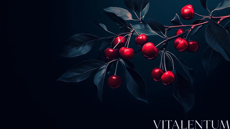 Dark background highlights vivid red cherries on branch