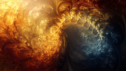 Bifurcated golden blue fractal vortex with floral microstructures