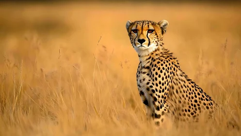 Cheetah standing alert in golden savanna grassland portrait.