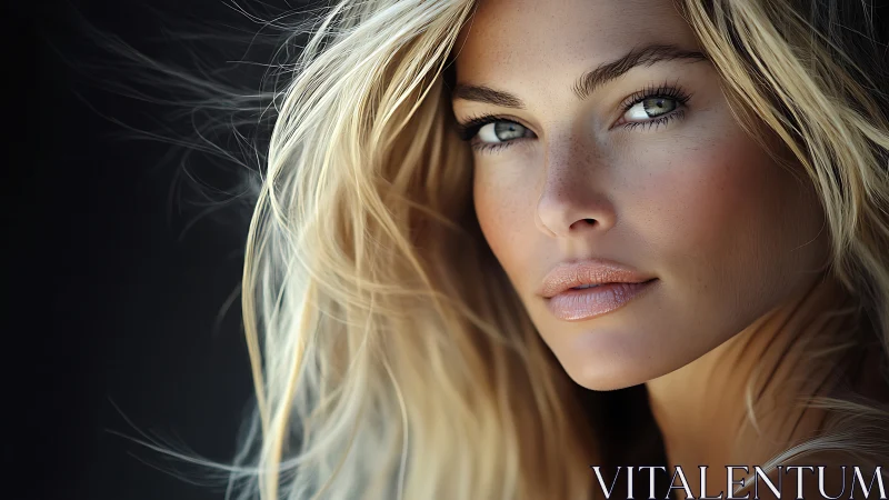 Close-up portrait of blonde woman with windblown hair.