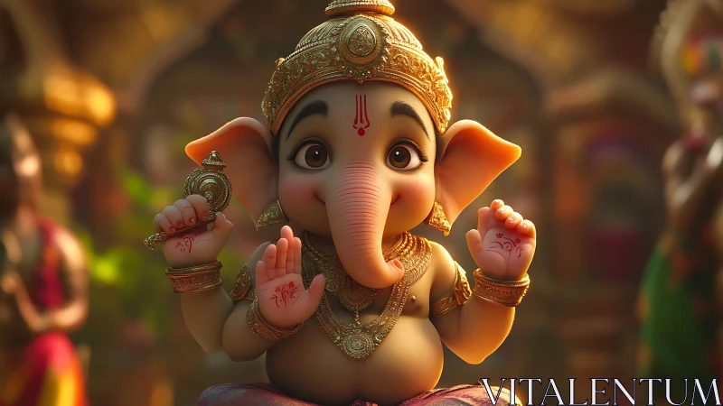 3D stylized Ganesha idol with ornate temple depth of field.