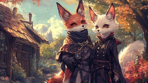 Fox mage companions stand in an autumn forest village scene.