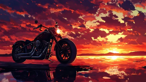 Custom cruiser motorcycle under cinematic sunset sky.