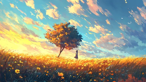 Girl beneath lone tree in glowing sunset meadowscape.