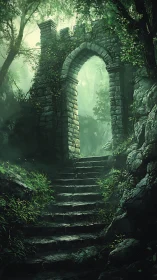 Stone forest archway above mossy steps in soft light.