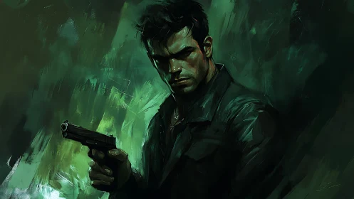 Brooding gunman poised in deep green painterly shadows.