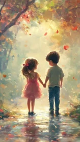 Two Children Hold Hands Under Falling Autumn Leaves