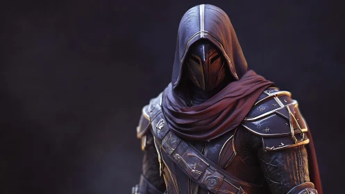 Mysterious hooded warrior wrapped in deep crimson and steel.