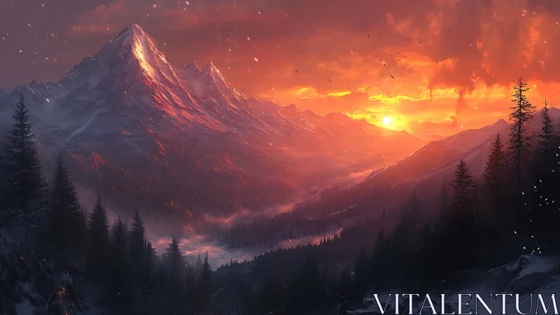 Glaciated alpine range under volumetric orange sunset scattering