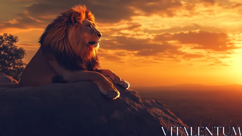 Majestic lion watches glowing savanna sunset from cliff