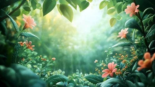 Sunlit garden blooms glow through lush emerald foliage.