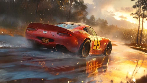 Red race car drifting through wet road in heavy rain.