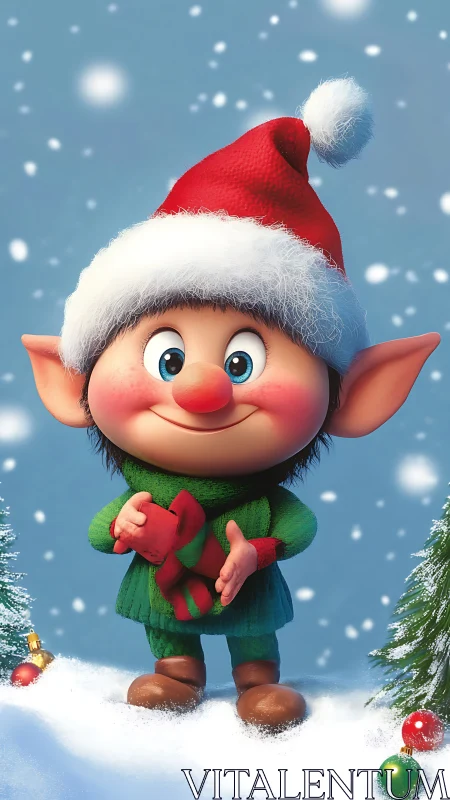 Snowkissed elf grins wide while cradling a tiny red gift