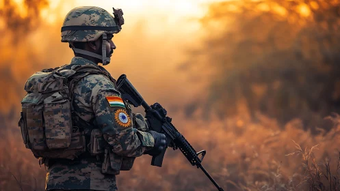 Sunlit soldier in quiet field at golden evening hour.